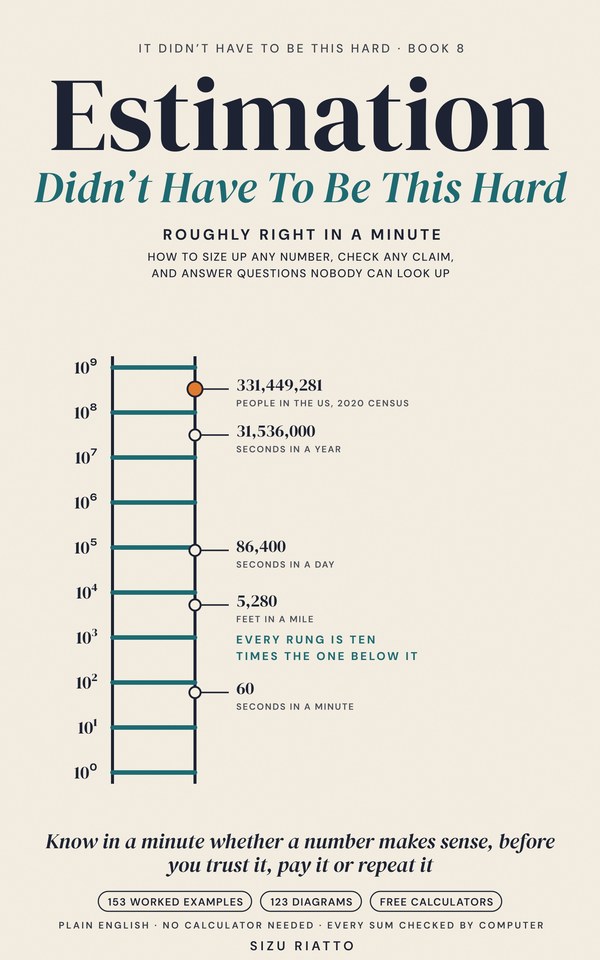 Cover of Estimation Didn't Have to Be This Hard: a ladder of powers of ten from 1 to a billion on cream, with seconds in a minute, feet in a mile, seconds in a day, seconds in a year and the 2020 US census count placed at their true heights